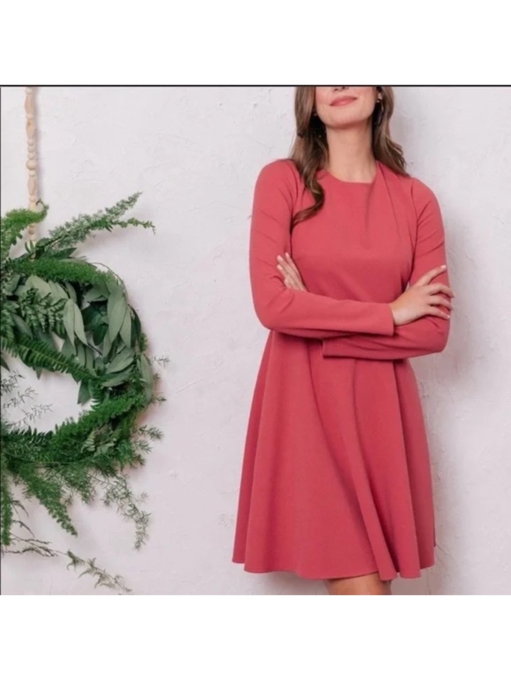 Gal Meets Glam Classic Long-Sleeve Fit & Flare Dress in Coral - Picture 2 of 6
